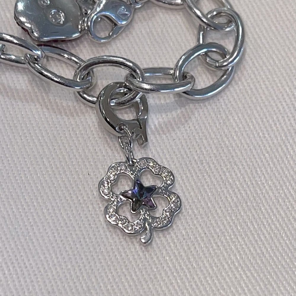 Swarovski Silver Four-Leaf Clover Charm Bracelet with Blue Crystal Accent